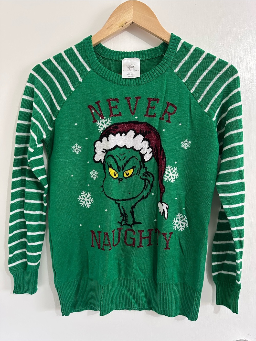 Dr Seuss The Grinch Ugly Christmas Sweater Womens XS Green Never Naughty Glitter